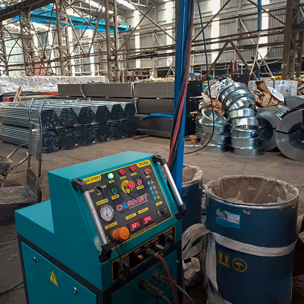 Endüstriyel üretim hattında kullanılan tam donanımlı dijital kontrollü ark kaynağı ve kaplama makinesi ünitesi.